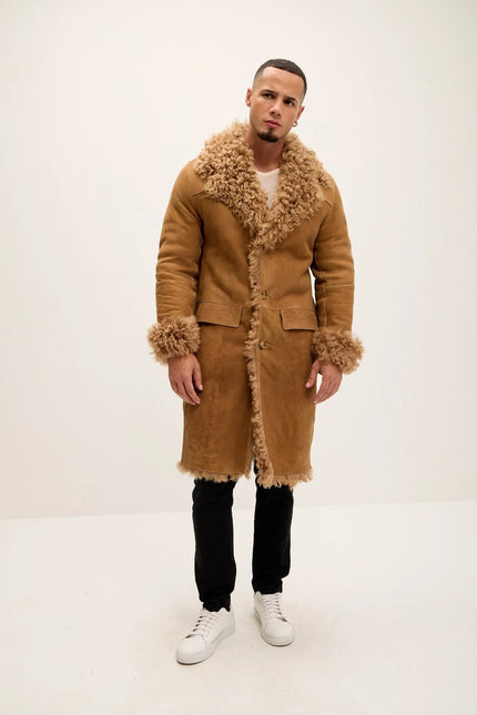 Men's Genuine Suede Overcoat with Shearling Lining - Camel - Ron Tomson Leather