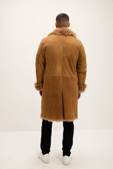 Men's Genuine Suede Overcoat with Shearling Lining - Camel - Ron Tomson Leather