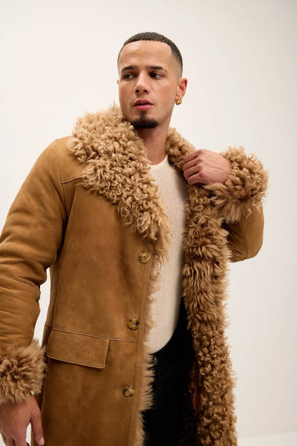 Men's Genuine Suede Overcoat with Shearling Lining - Camel - Ron Tomson Leather