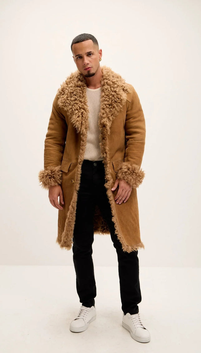 Men's Genuine Suede Overcoat with Shearling Lining - Camel - Leather - Ron Tomson