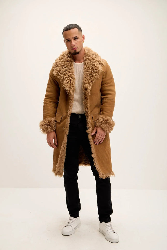 Men's Genuine Suede Overcoat with Shearling Lining - Camel - Leather - Ron Tomson