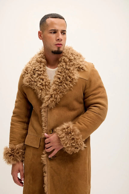 Men's Genuine Suede Overcoat with Shearling Lining - Camel - Ron Tomson Leather