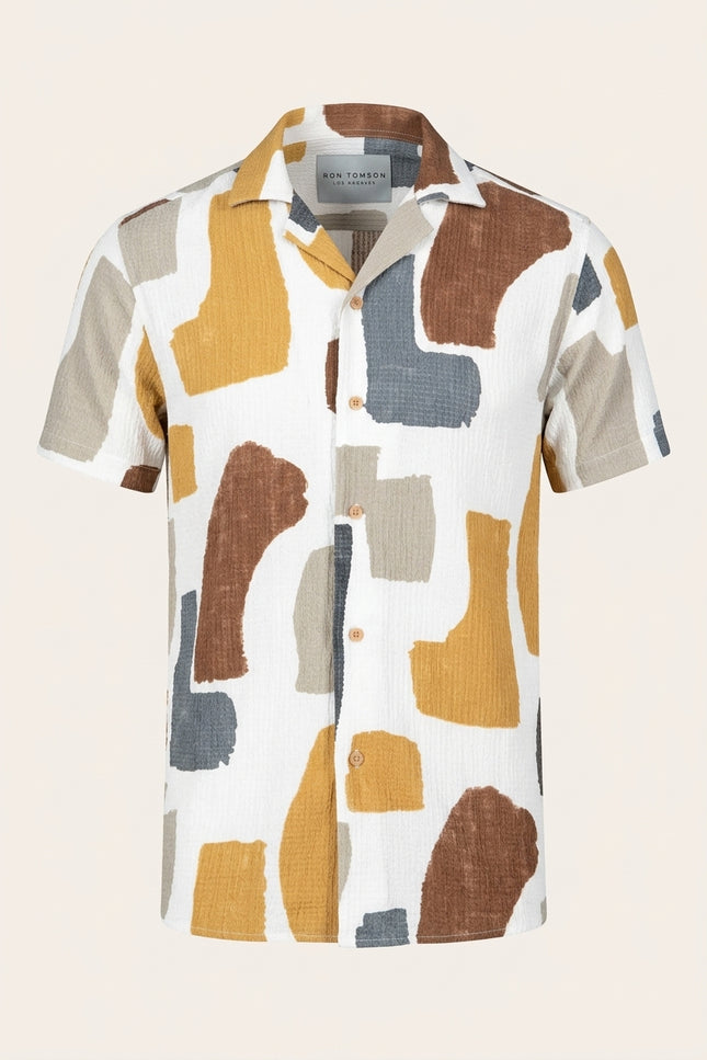 Geometric Camp Collar Shirt - White Brown - Front