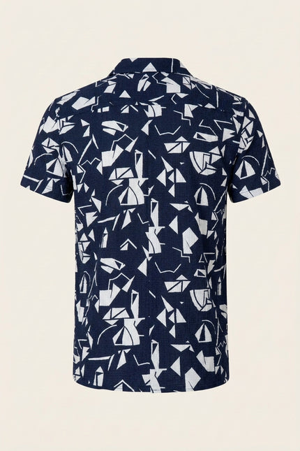 Geometric Camp Collar Short-Sleeve Shirt - Navy - Back