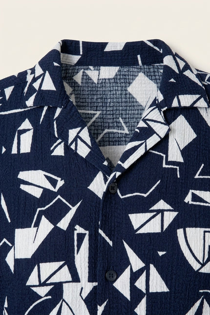 Geometric Camp Collar Short-Sleeve Shirt - Navy - Detail
