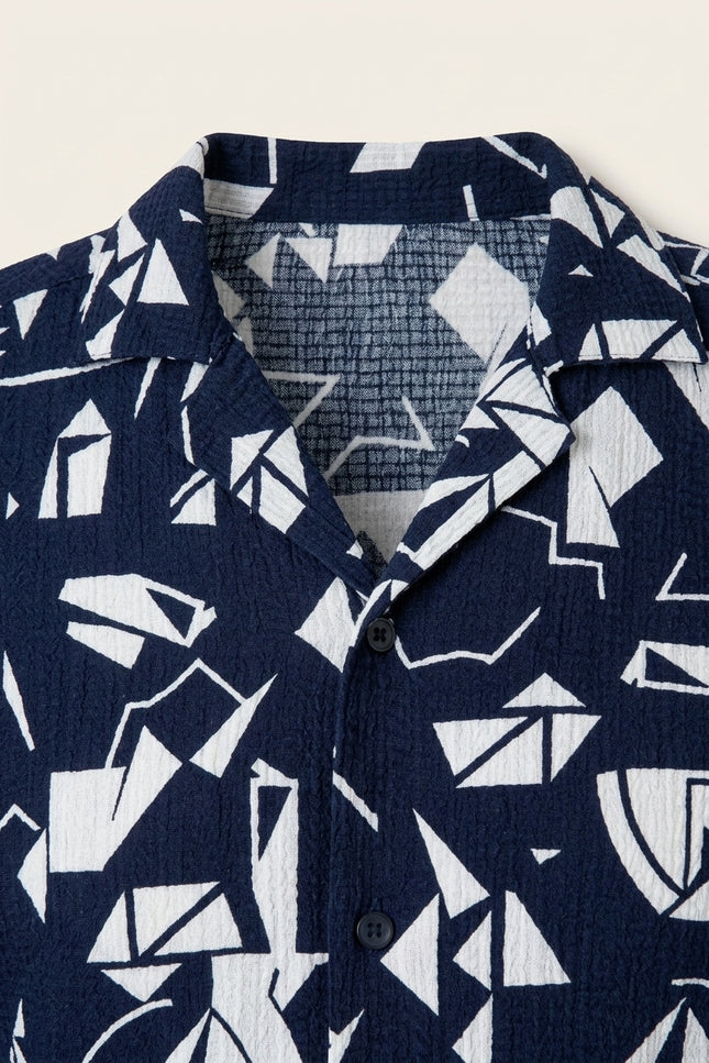 Geometric Camp Collar Short-Sleeve Shirt - Navy - Detail