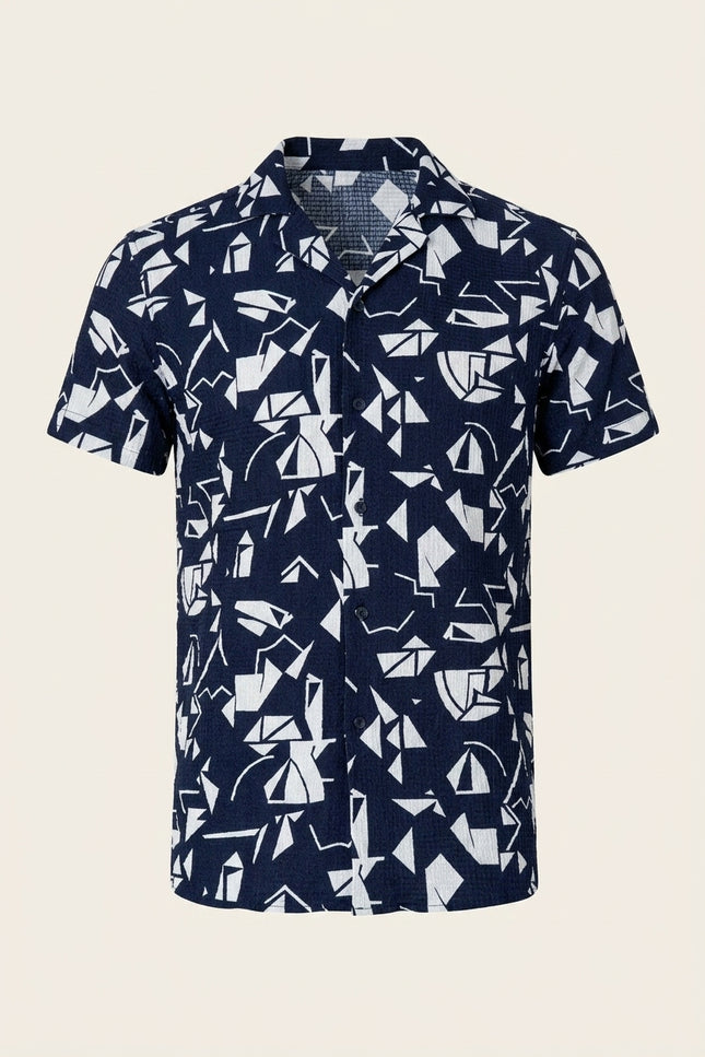 Geometric Camp Collar Short-Sleeve Shirt - Navy - Front