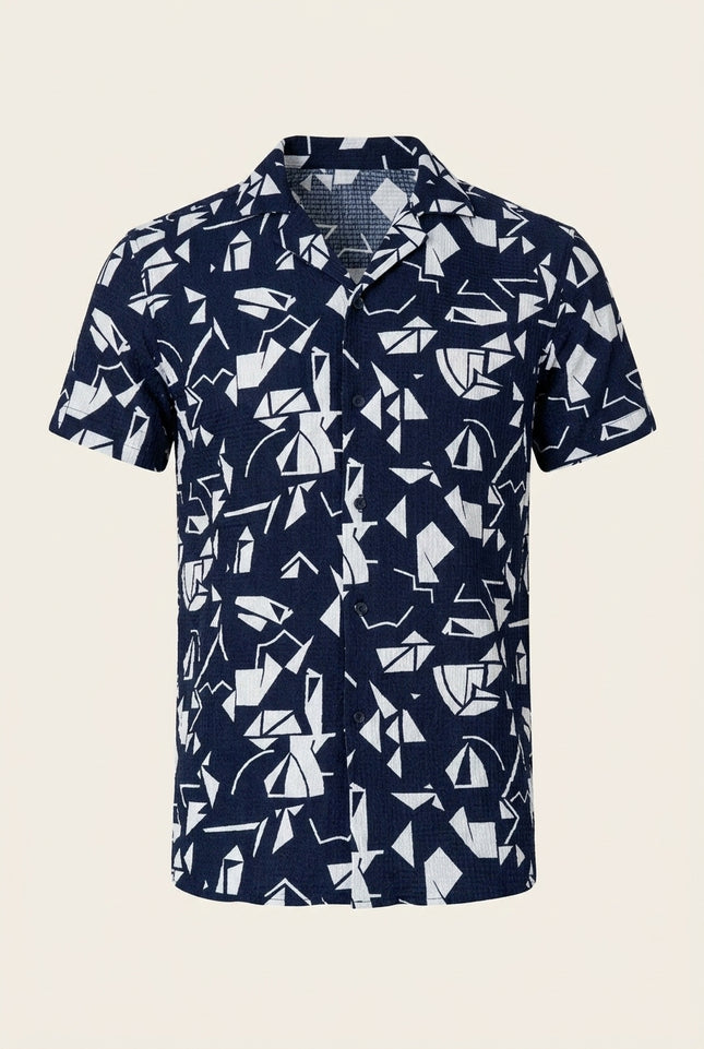 Geometric Camp Collar Short-Sleeve Shirt - Navy - Front
