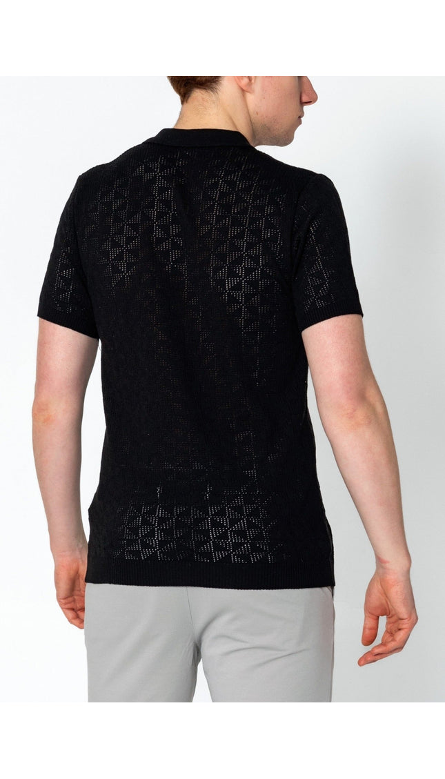 Geometric Crochet Knit Polo - Black - Ron Tomson