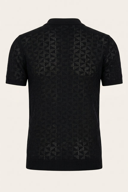 Geometric Crochet Knit Polo - Black - Back