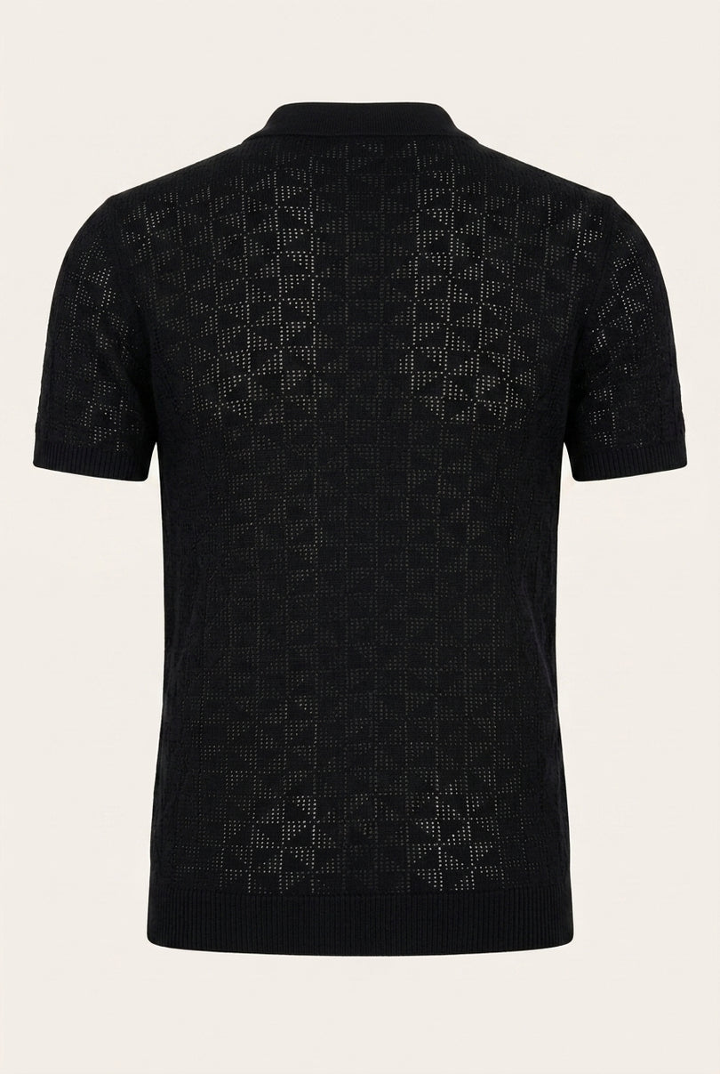 Geometric Crochet Knit Polo - Black - Back