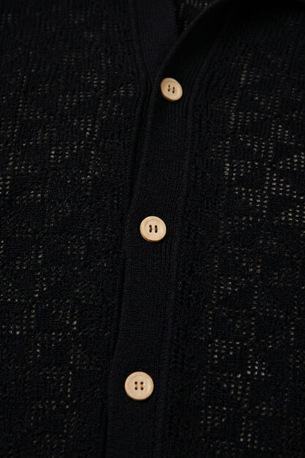 Geometric Crochet Knit Polo - Black - Detail