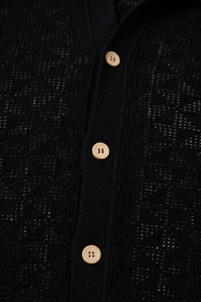 Geometric Crochet Knit Polo - Black - Detail
