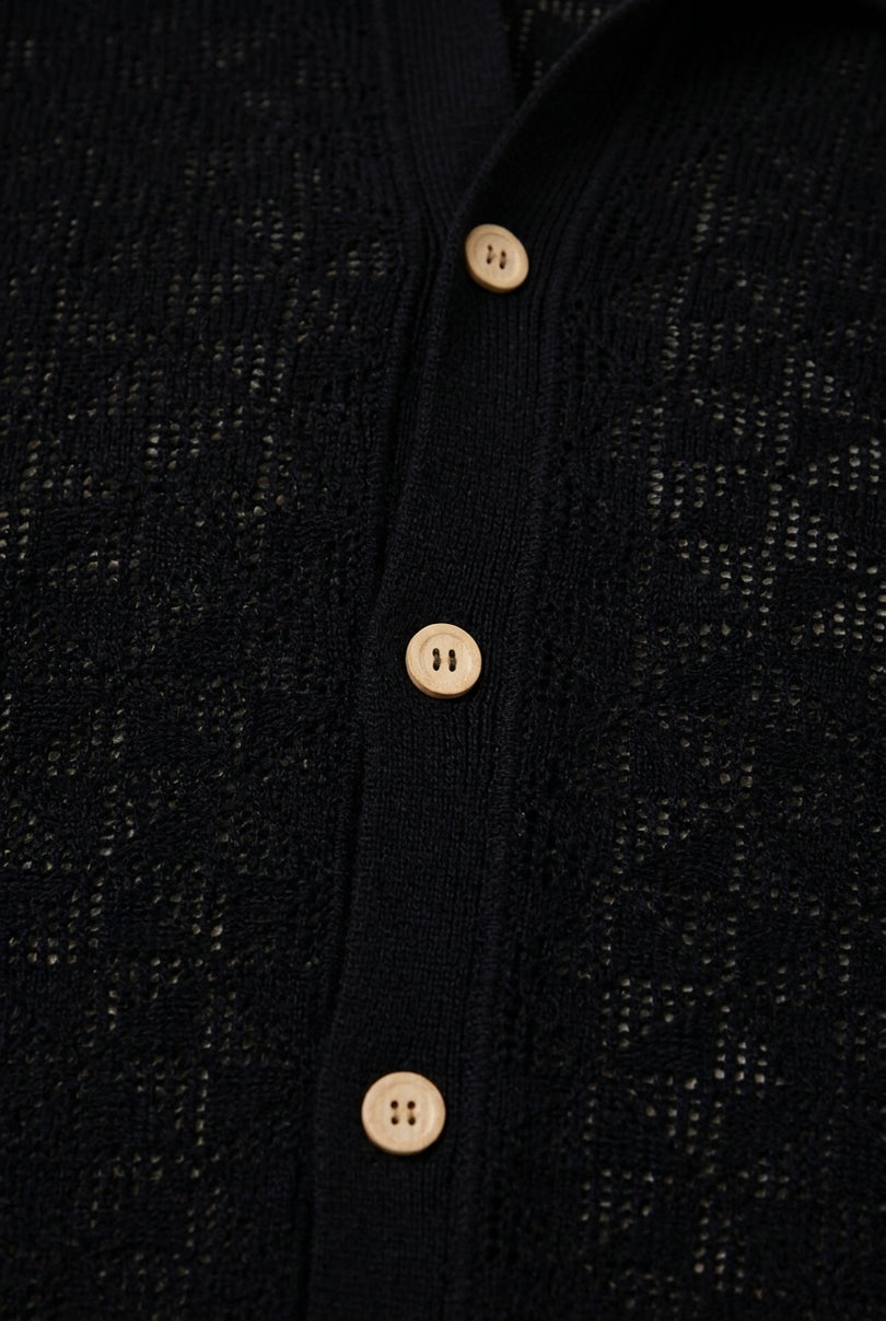 Geometric Crochet Knit Polo - Black - Detail
