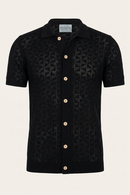 Geometric Crochet Knit Polo - Black - Front
