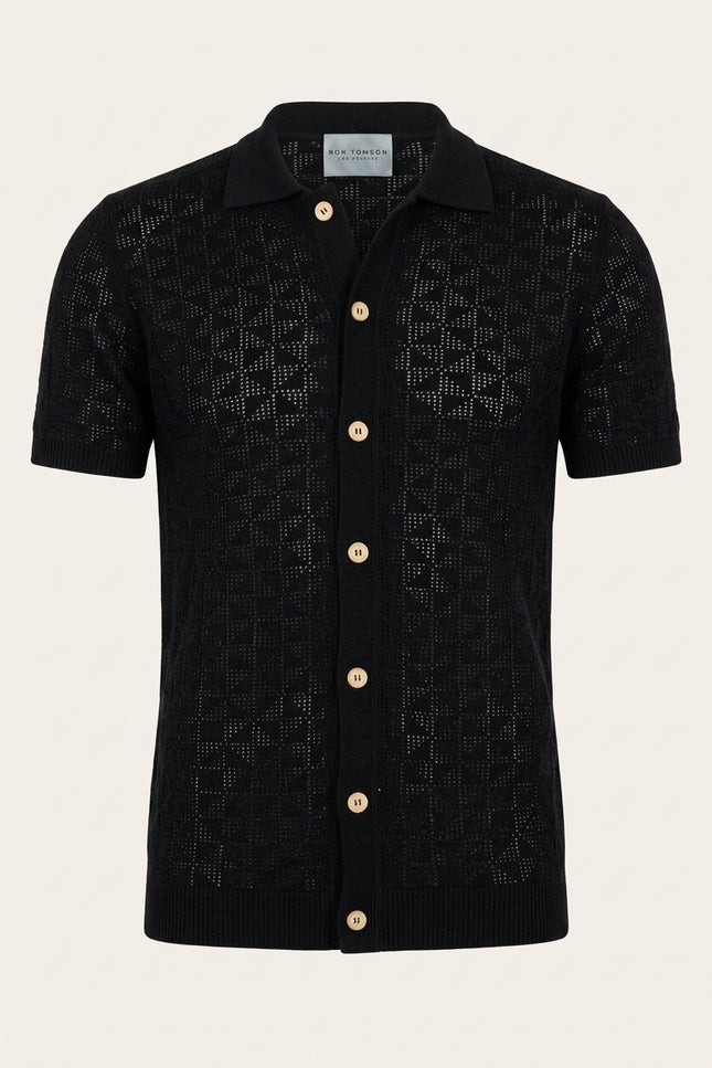 Geometric Crochet Knit Polo - Black - Front