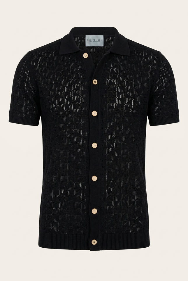 Geometric Crochet Knit Polo - Black - Front