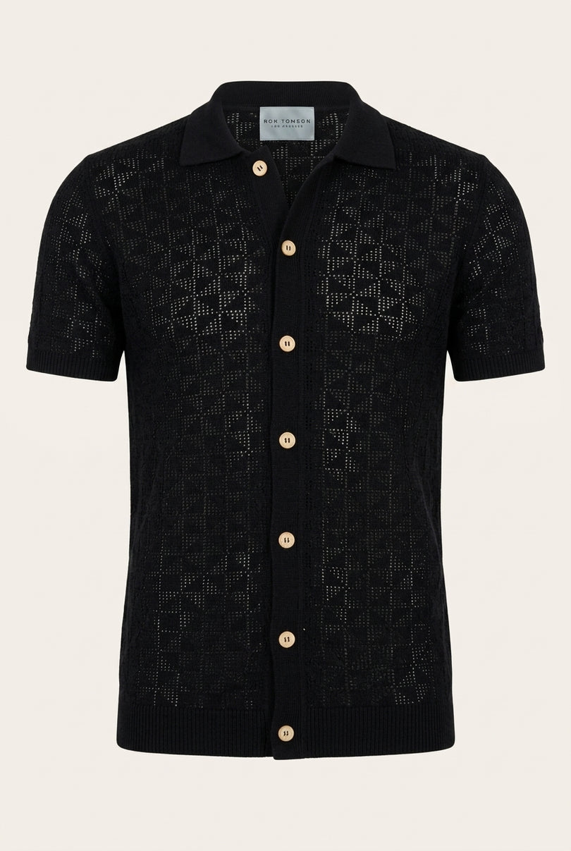 Geometric Crochet Knit Polo - Black - Front