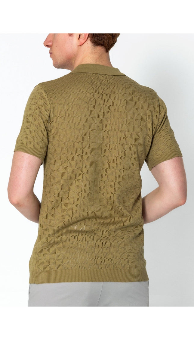 Geometric Crochet Knit Polo - Light Green - Ron Tomson