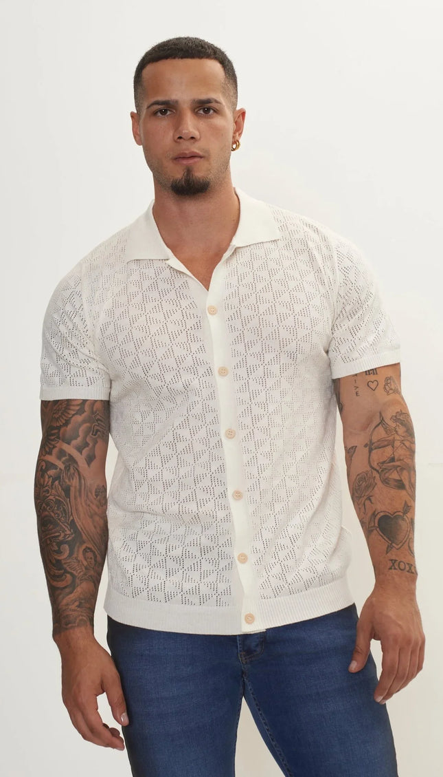 Geometric Crochet Knit Polo - Off White - Ron Tomson