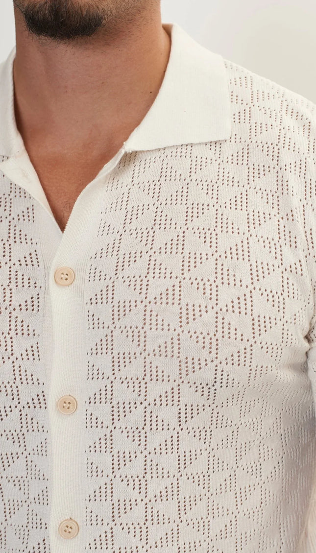 Geometric Crochet Knit Polo - Off White - Ron Tomson