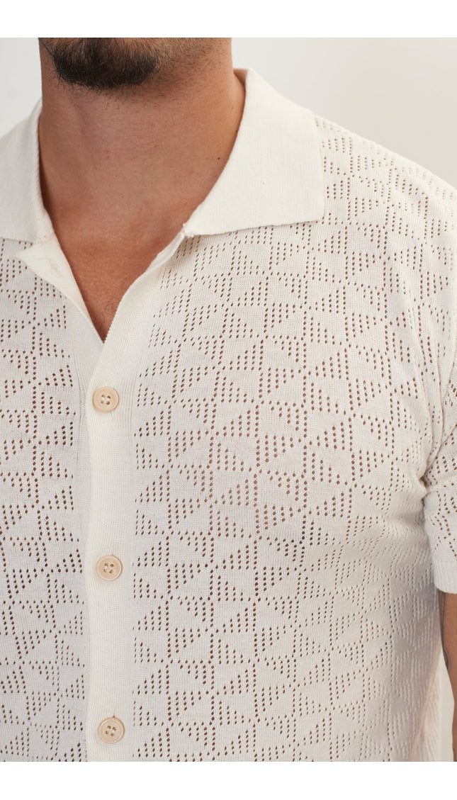 Geometric Crochet Knit Polo - Off White - Ron Tomson