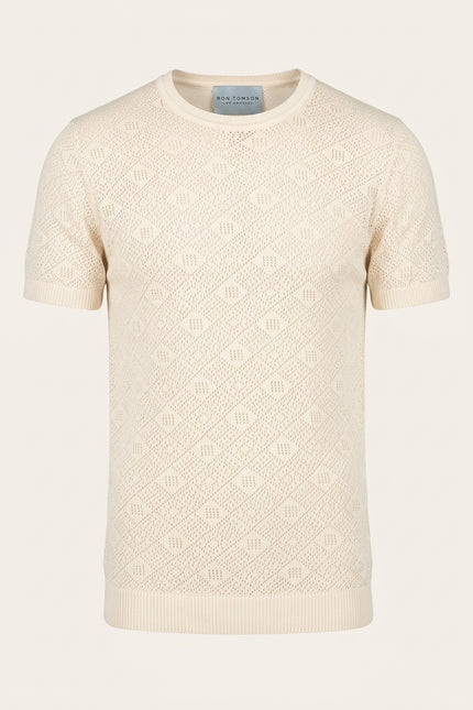 Geometric Crochet Knit Top - Beige - Front