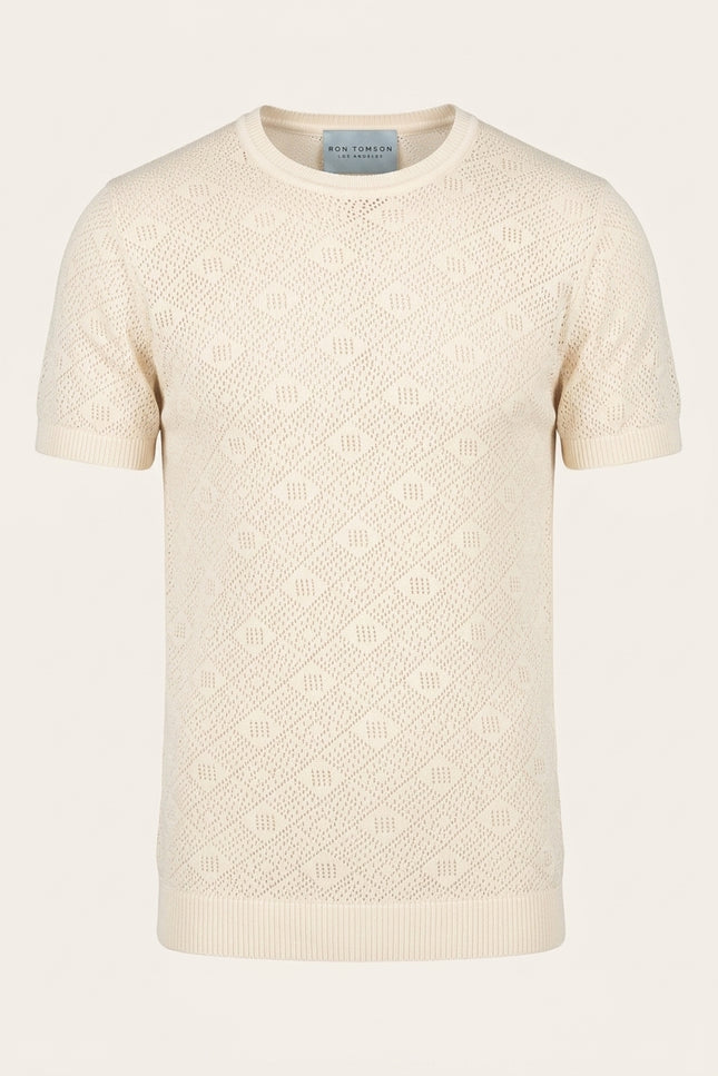 Geometric Crochet Knit Top - Beige - Front