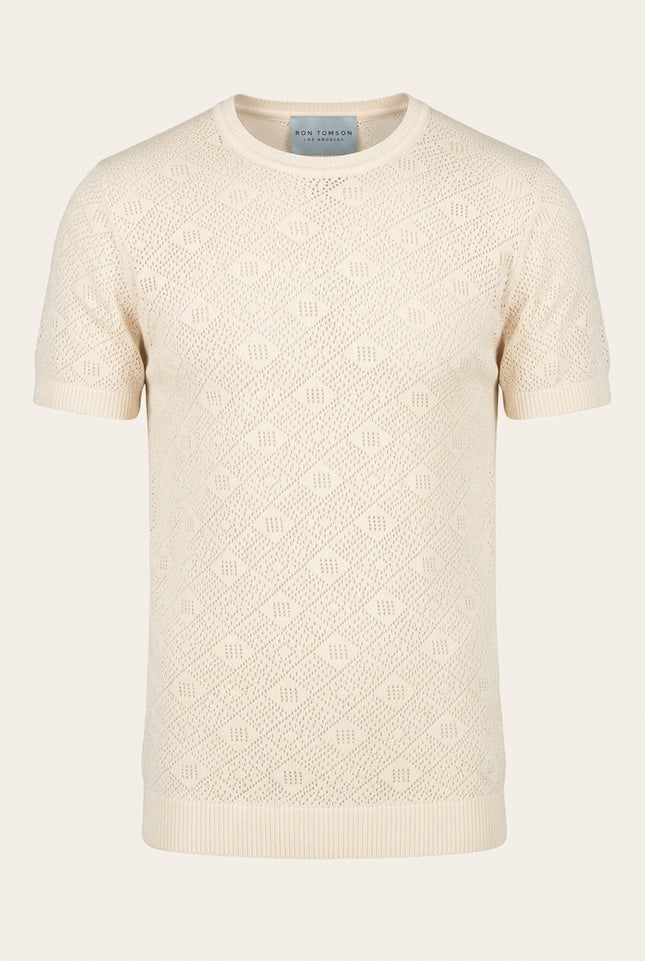 Geometric Crochet Knit Top - Beige - Front