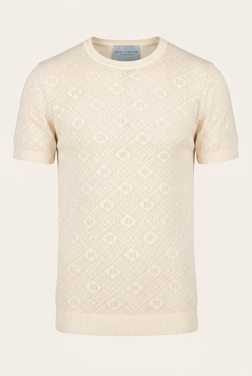 Geometric Crochet Knit Top - Beige - Front