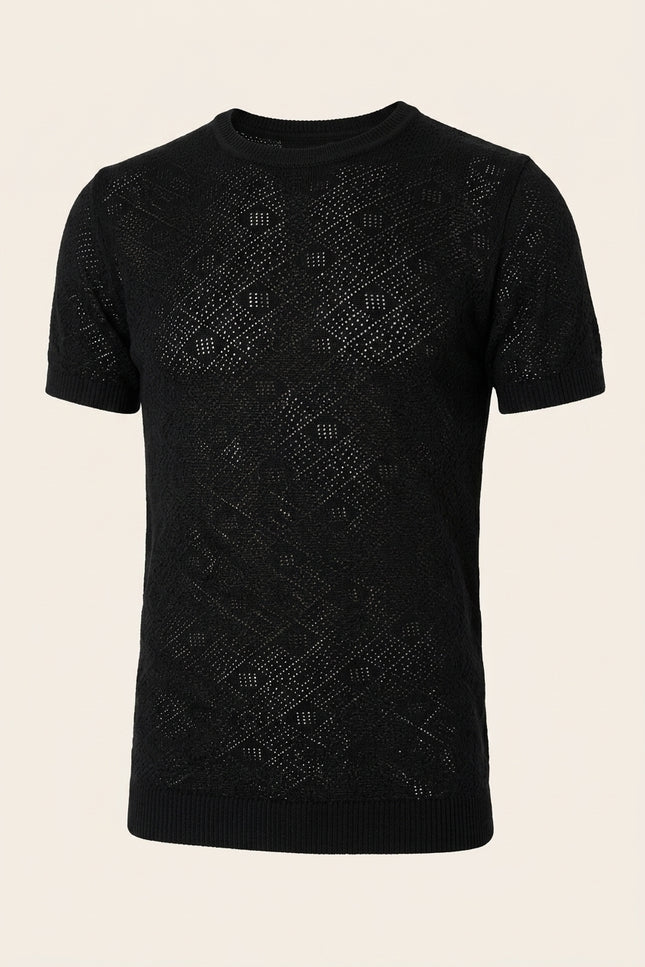 Geometric Crochet Knit Top - Black - Front
