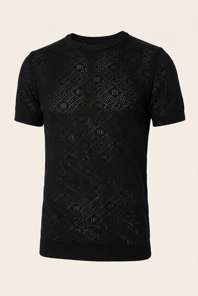 Geometric Crochet Knit Top - Black - Front