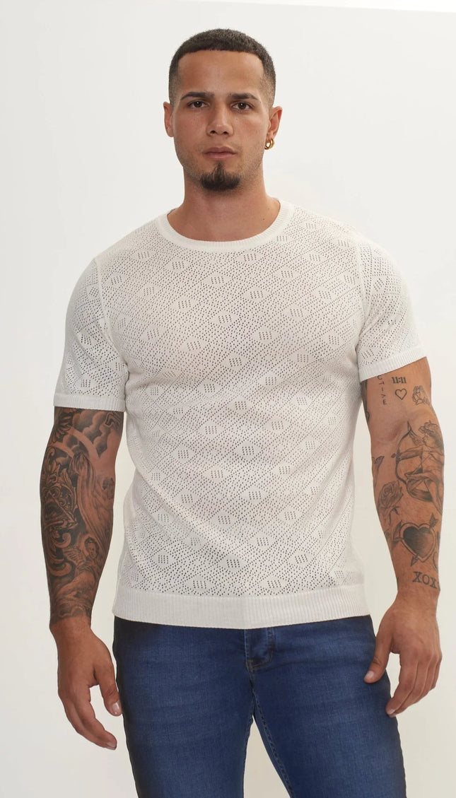 Geometric Crochet Knit Top - Off White - Ron Tomson