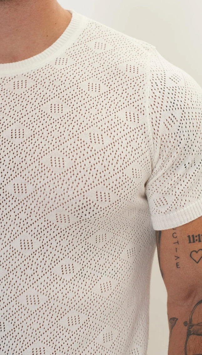 Geometric Crochet Knit Top - Off White - Ron Tomson