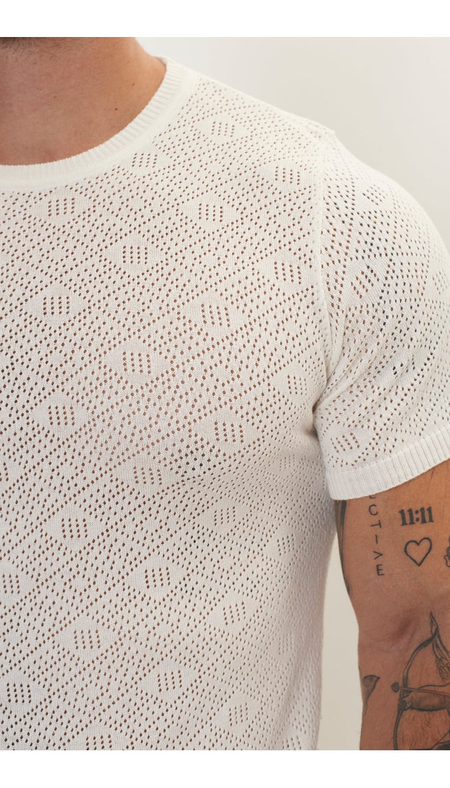 Geometric Crochet Knit Top - Off White - Ron Tomson