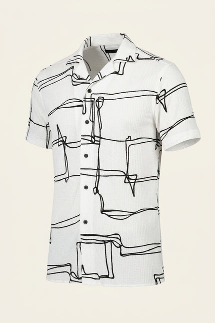 Geometric Pattern Short-Sleeve Shirt - White Black - Front