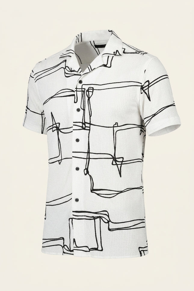 Geometric Pattern Short-Sleeve Shirt - White Black - Front