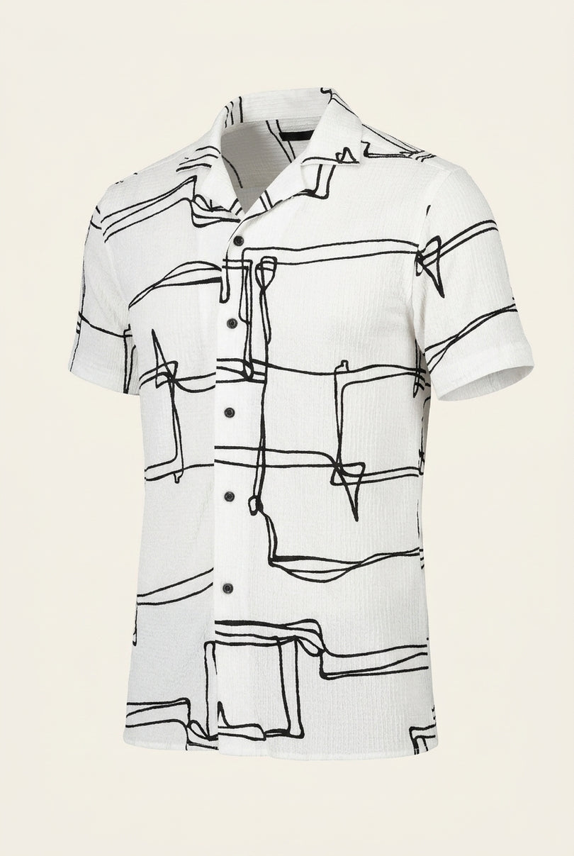 Geometric Pattern Short-Sleeve Shirt - White Black - Front