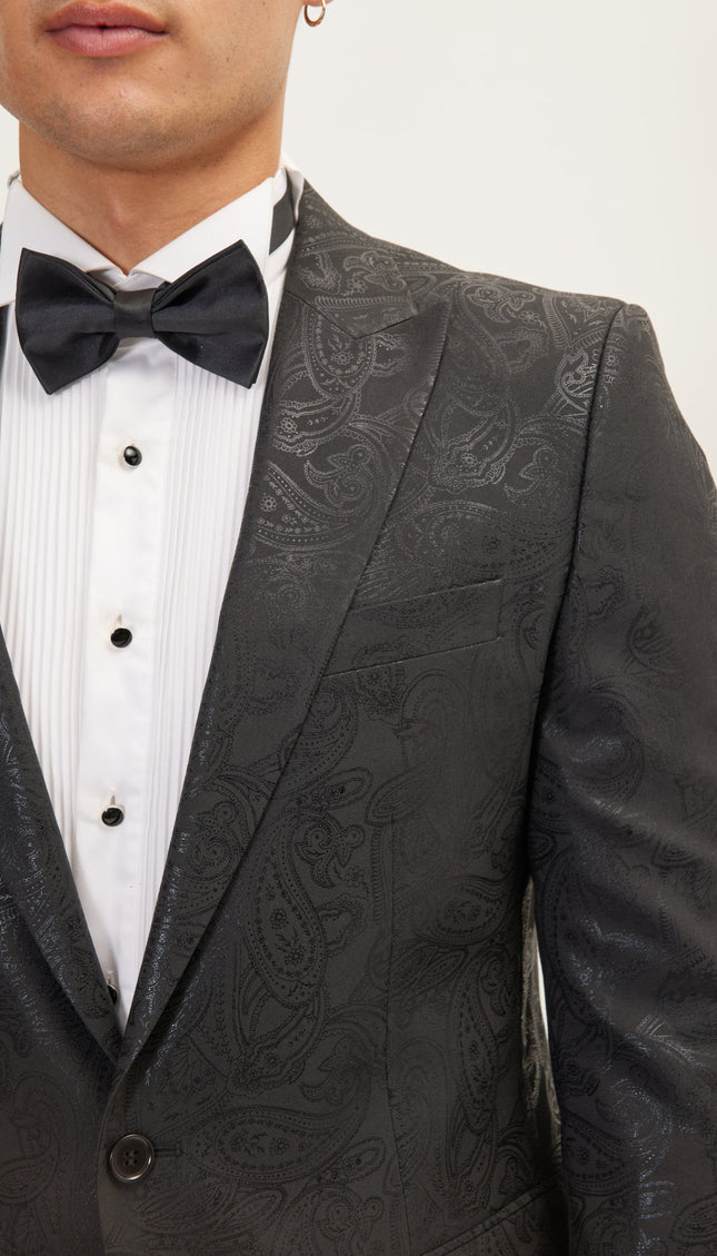 GLITTER PAISLEY PEAK LAPEL TUXEDO JACKET - BLACK - Ron Tomson