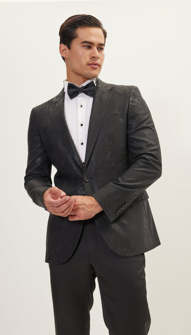GLITTER PAISLEY PEAK LAPEL TUXEDO JACKET - BLACK - Ron Tomson