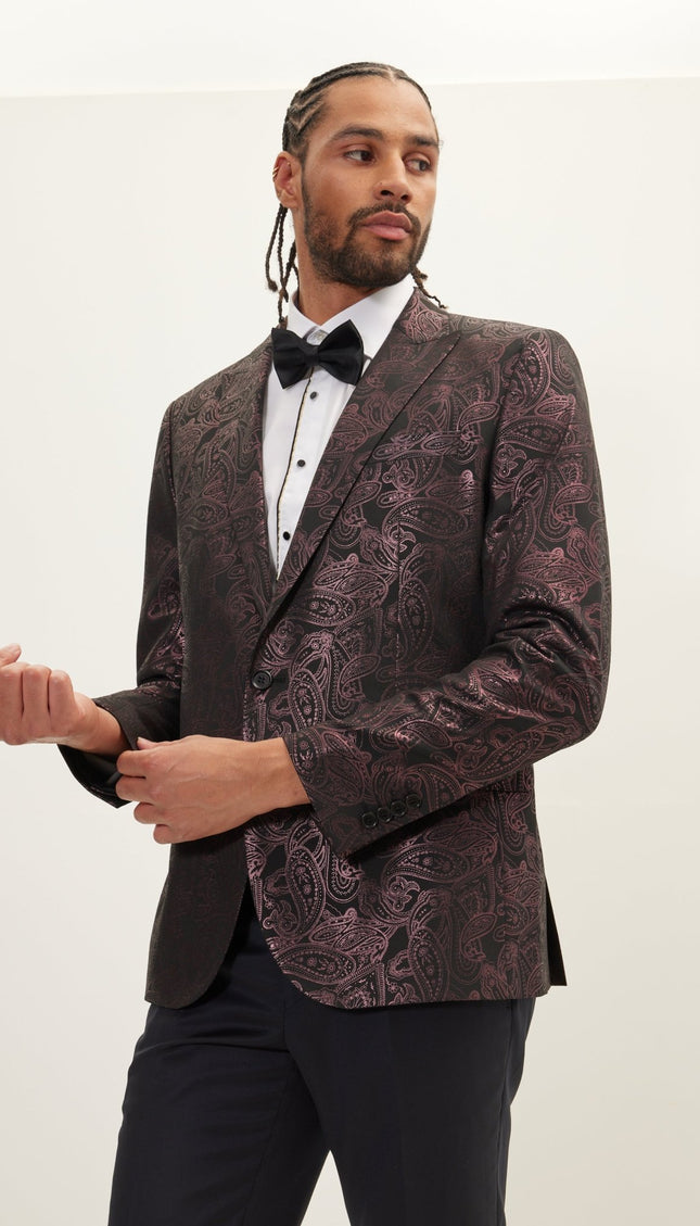 Glitter Paisley Peak Tuxedo Jacket - Burgundy - Ron Tomson