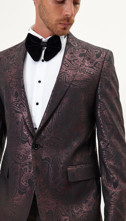 Glitter Paisley Peak Tuxedo Jacket - Burgundy - Ron Tomson