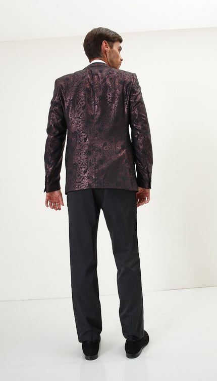 Glitter Paisley Peak Tuxedo Jacket - Burgundy - Ron Tomson