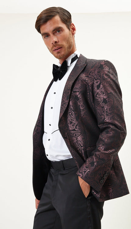Glitter Paisley Peak Tuxedo Jacket - Burgundy - Ron Tomson