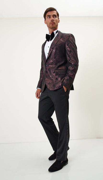 Glitter Paisley Peak Tuxedo Jacket - Burgundy - Ron Tomson