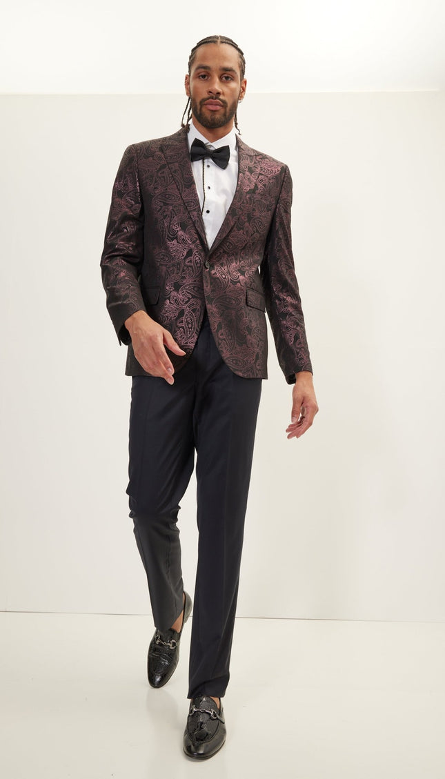 Glitter Paisley Peak Tuxedo Jacket - Burgundy - Ron Tomson