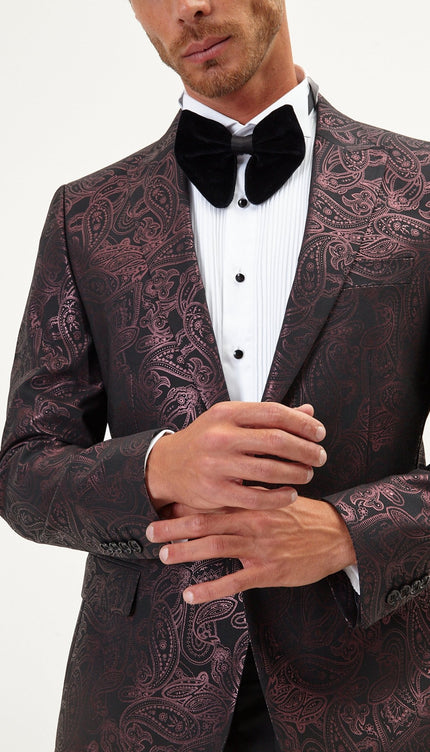 Glitter Paisley Peak Tuxedo Jacket - Burgundy - Ron Tomson