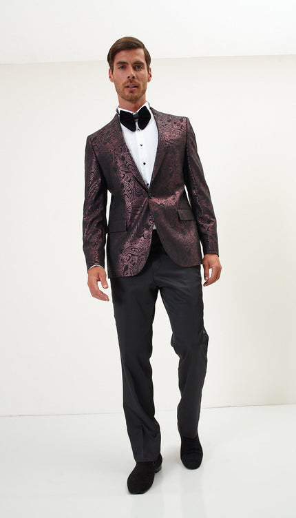 Glitter Paisley Peak Tuxedo Jacket - Burgundy - Ron Tomson