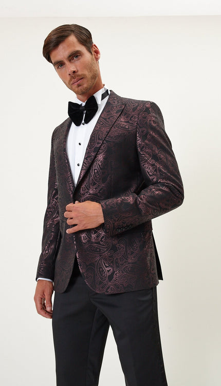 Glitter Paisley Peak Tuxedo Jacket - Burgundy - Ron Tomson