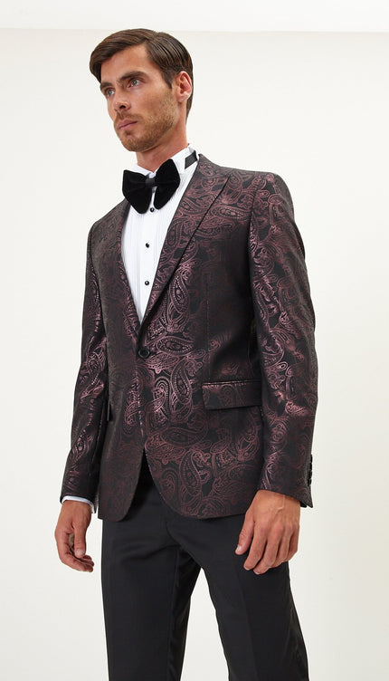 Glitter Paisley Peak Tuxedo Jacket - Burgundy - Ron Tomson